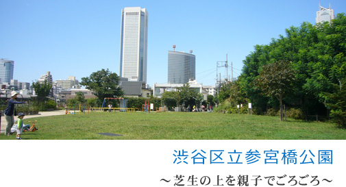 渋谷区立参宮橋公園 芝生の上を親子でごろごろ